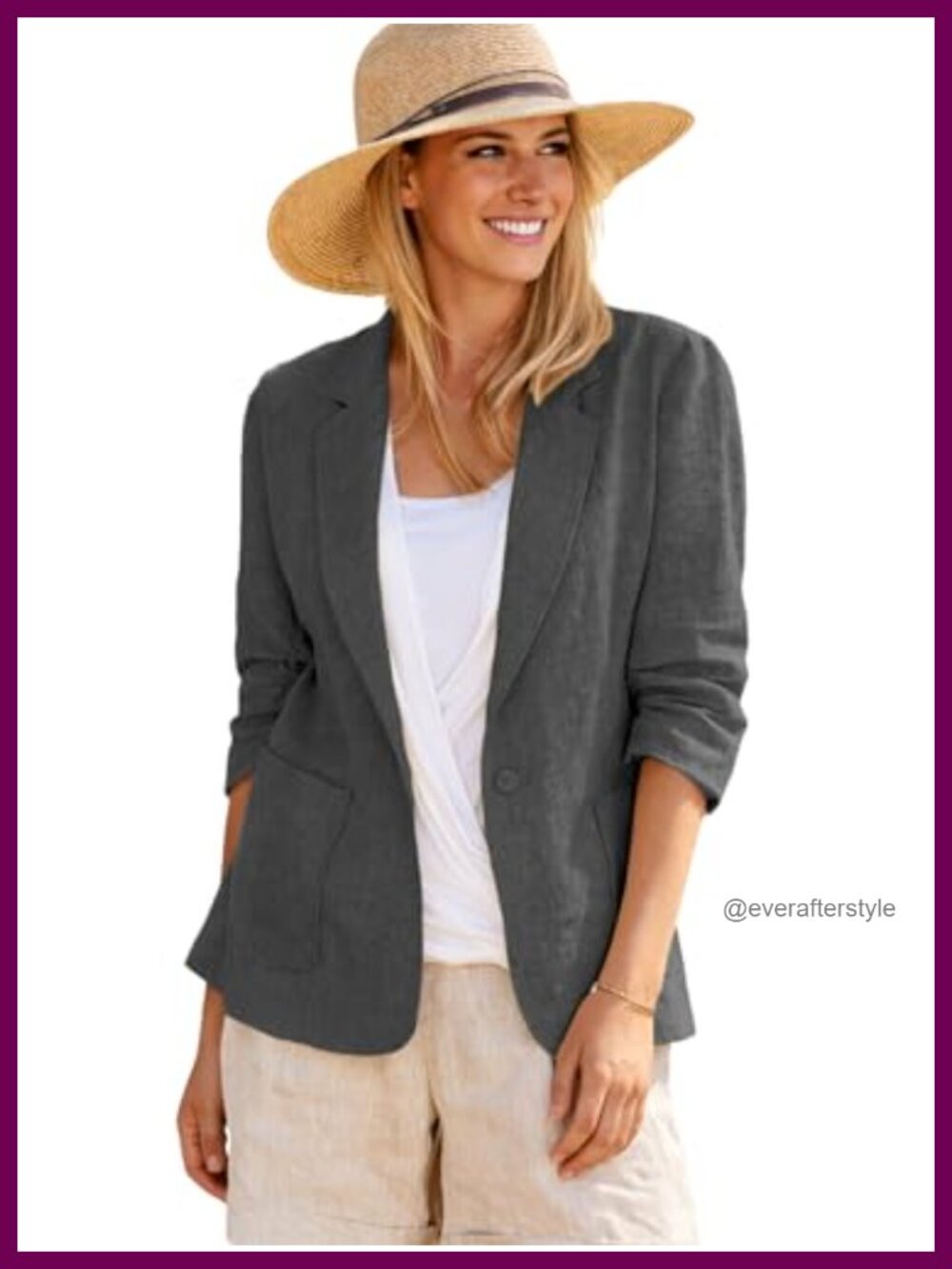 Women's Linen Blend Blazer Lightweight Ruched Sleeve Business Casual